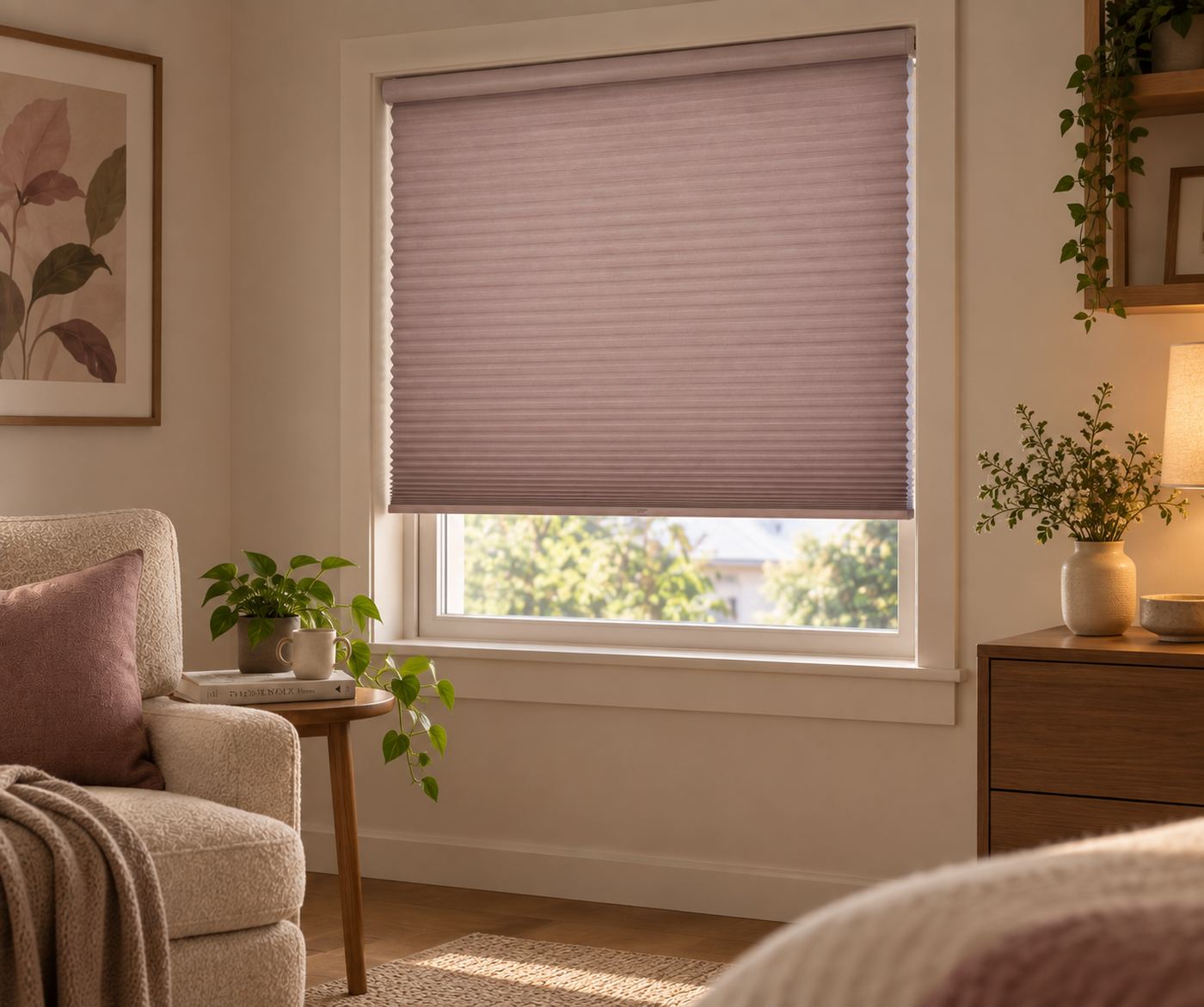 Mauve cellular honeycomb blind in a living room