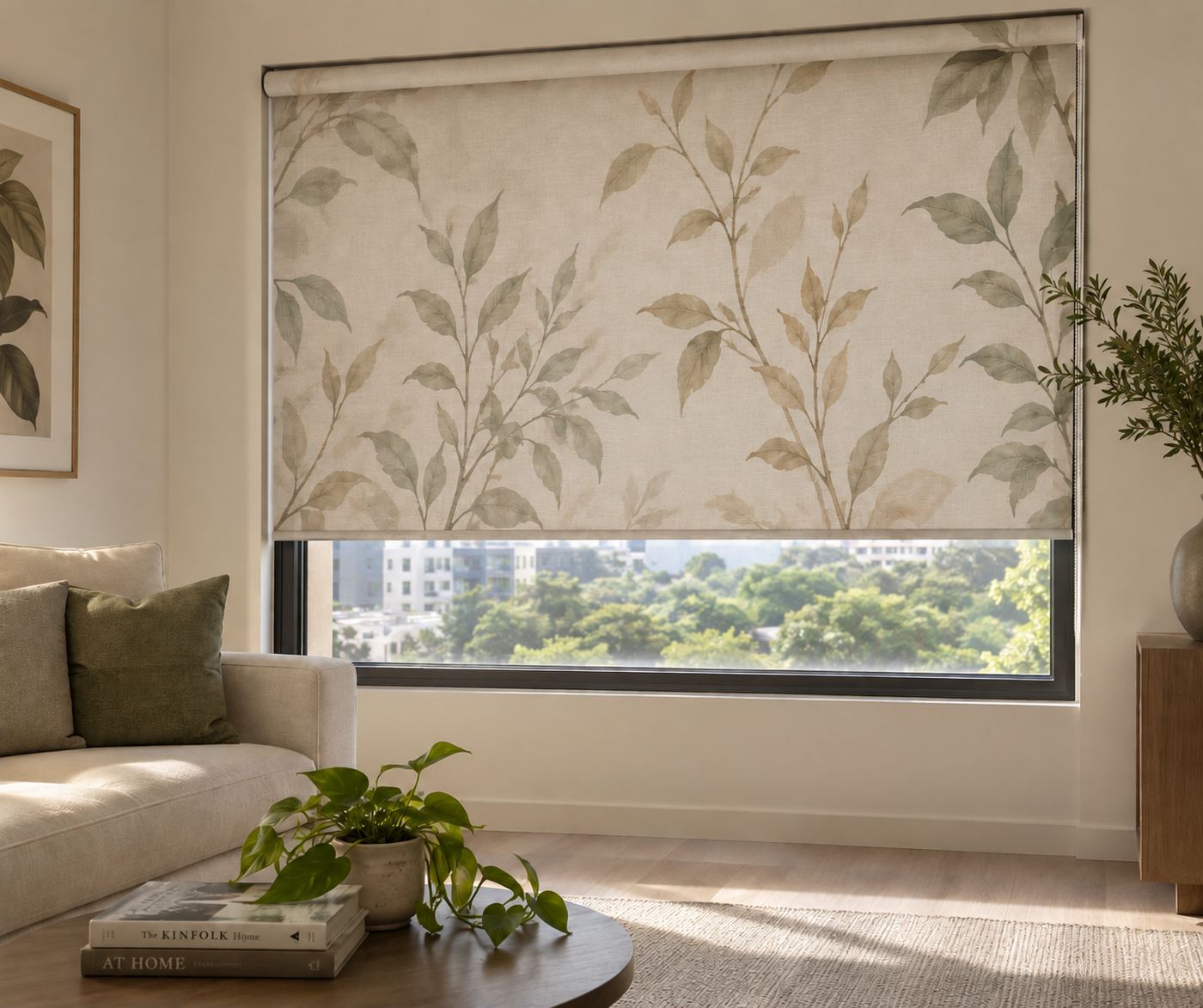 Leaf-print roller blind in a bright living room