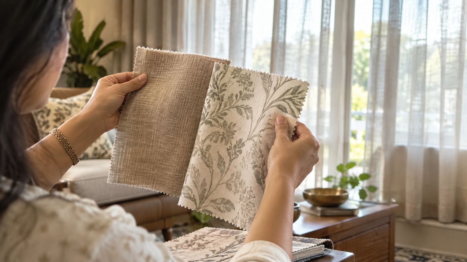 Comparing curtain fabric swatches by a sunlit window