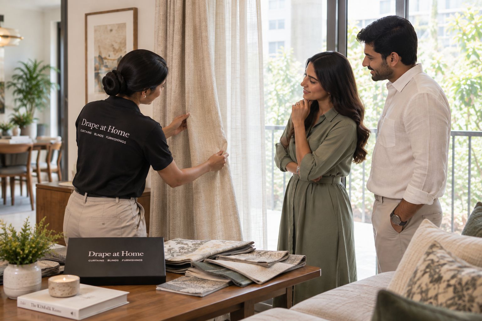 The Draper consultant showing a curtain against the window to a couple in Mysore