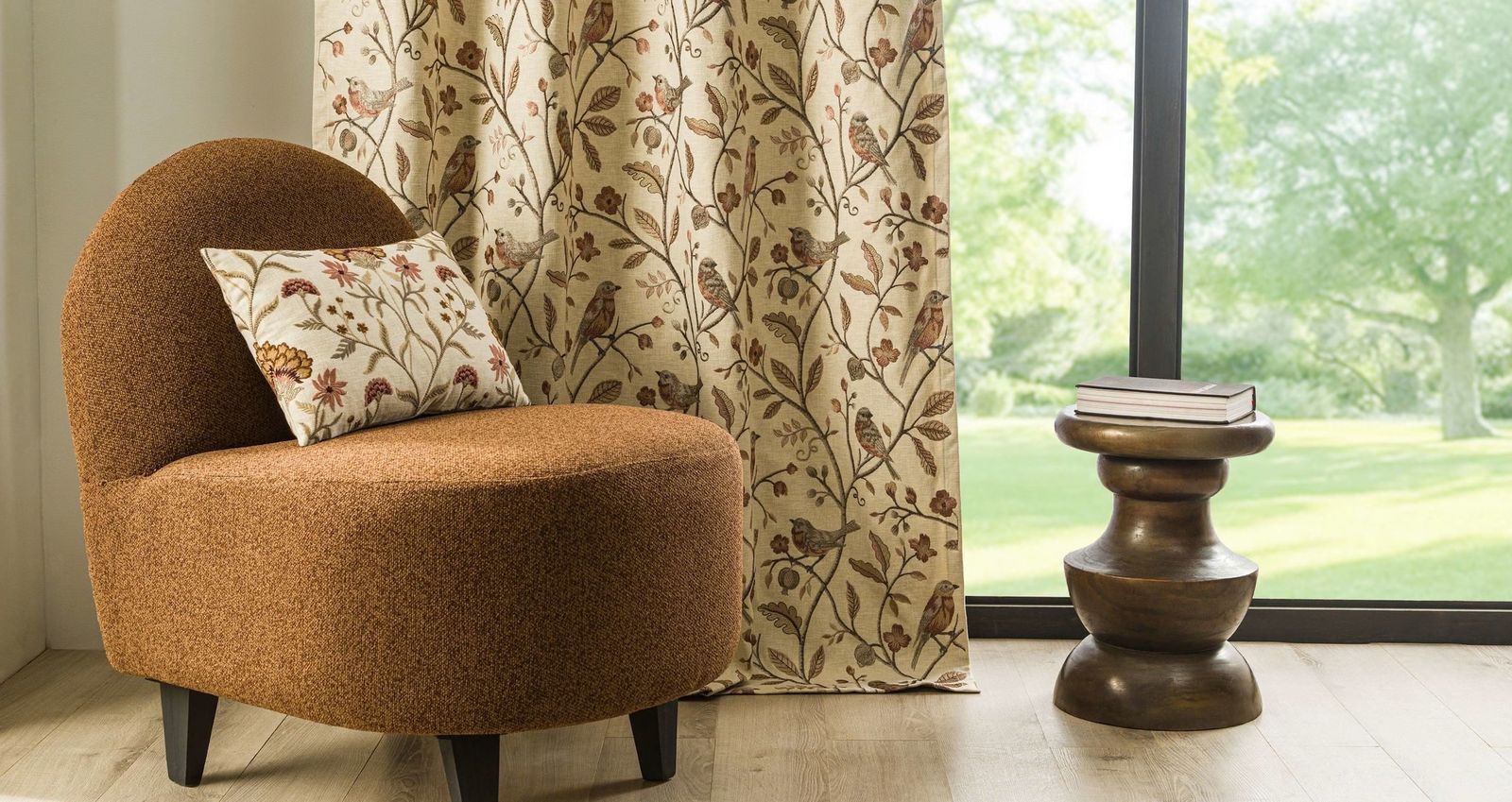 Embroidered bird and floral curtain fabric