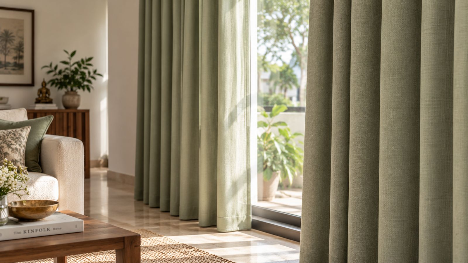 Solid sage green curtain in a bright living room